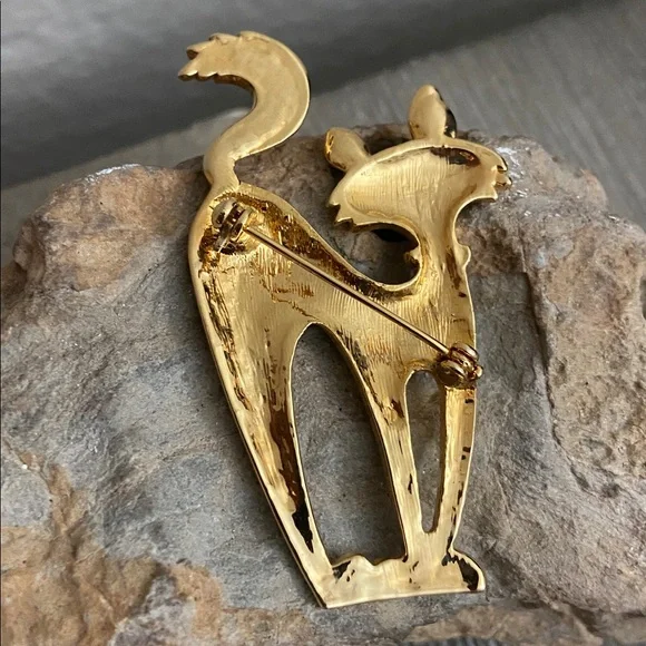 Vintage 80s Gold Tone Cat with Rhinestones Broach - Picture 4 of 6